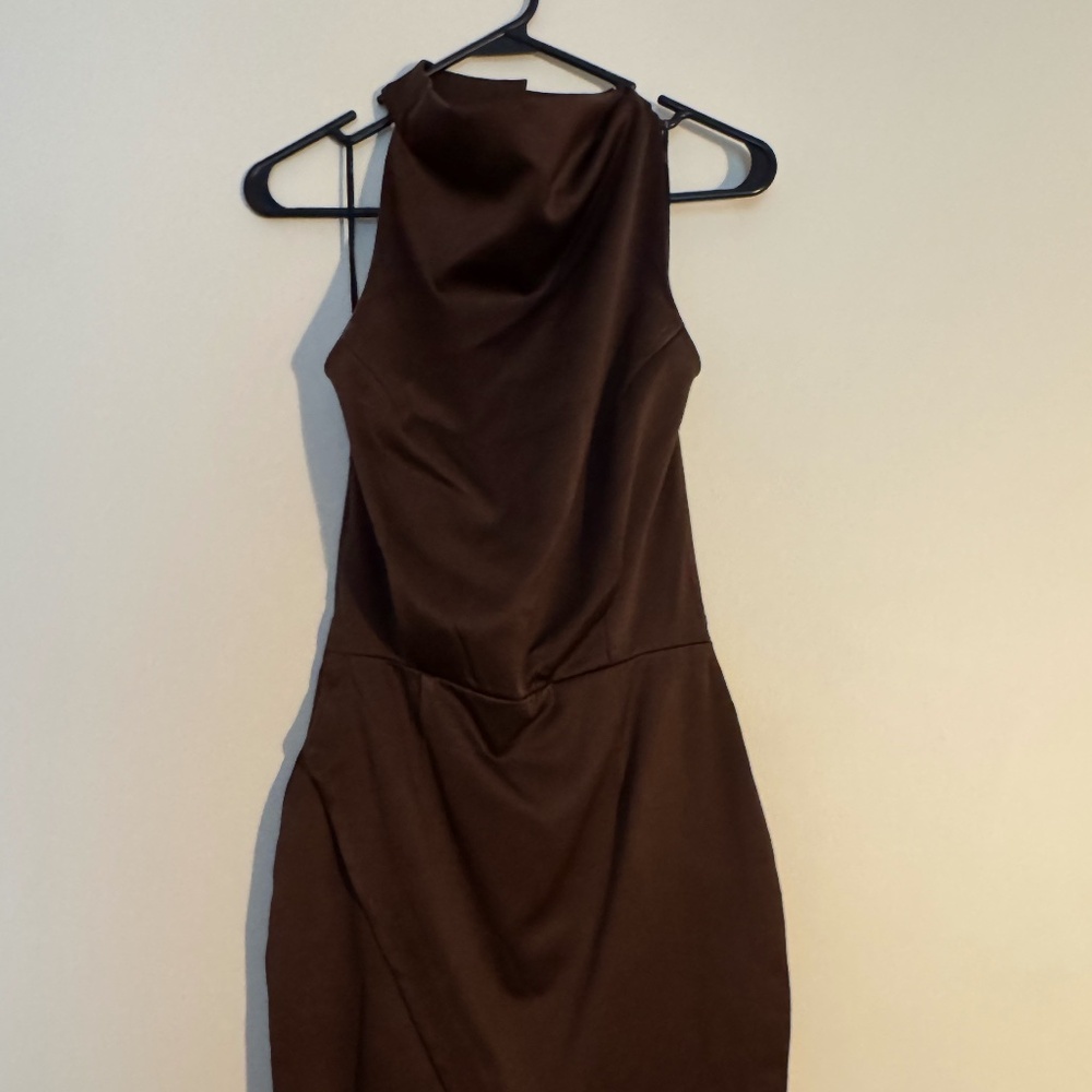 Elliatt Camo Asymmetric Satin Cocktail Dress / Size Small / Color: Chocolate